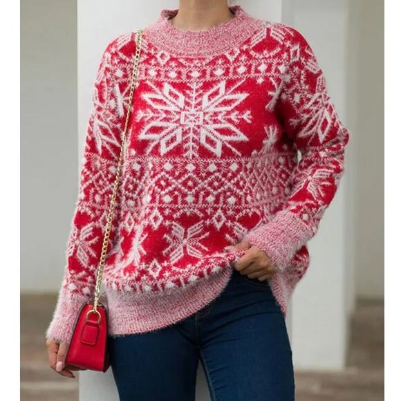 Fair Isle Nordic Style Sweater Cozy Christmas Snowflake Red White Women's Medium - Picture 1 of 6